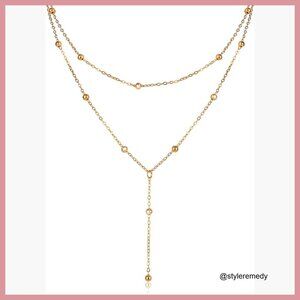 Double Layer Y Shape Gold Tone Necklace with Bead and Crystal Accent